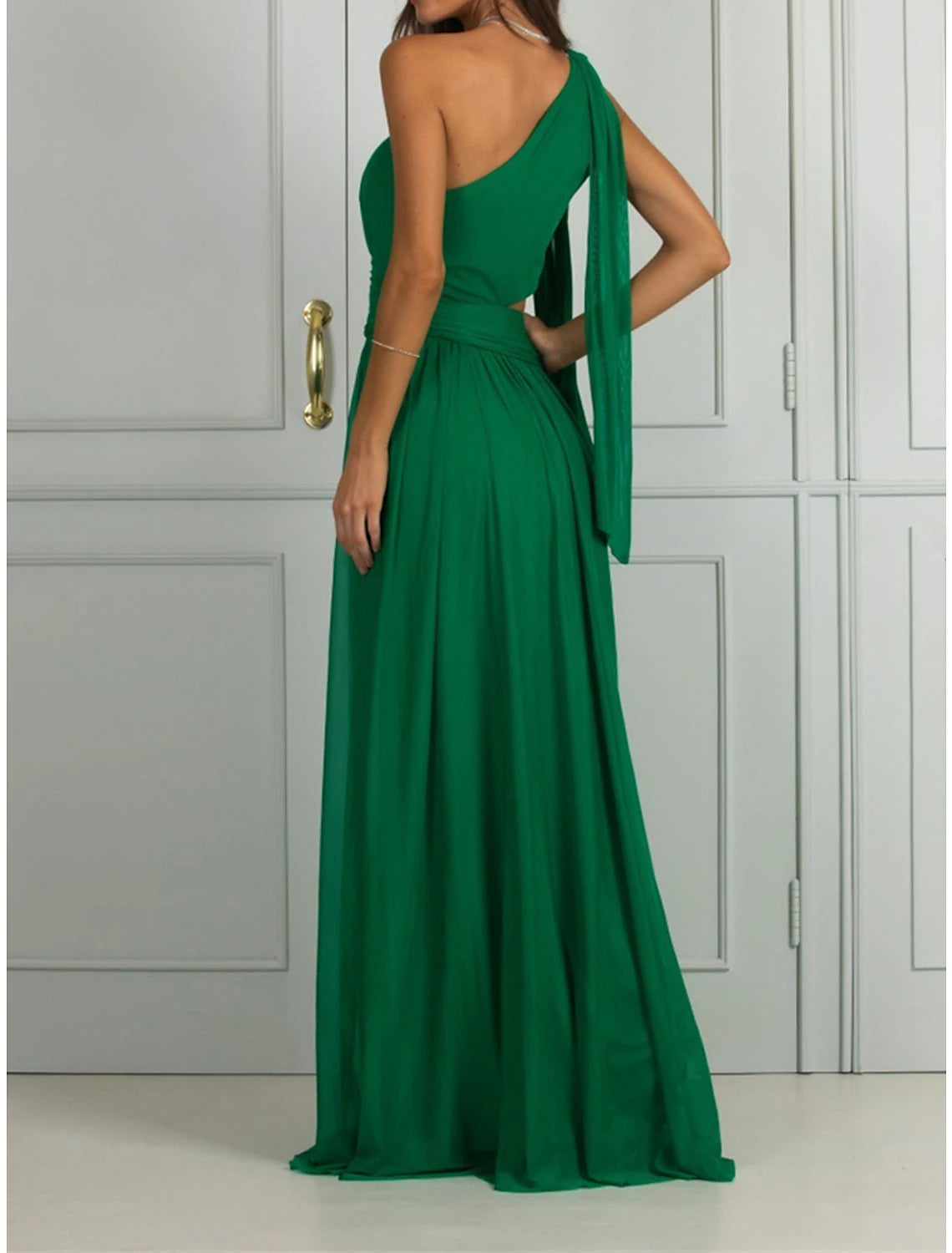 Vestido de fiesta para mujer, vestido con cortes, vestido largo, vestido maxi, verde, manga larga, color puro, sin espalda, primavera, otoño e invierno, un hombro, moda, cumpleaños, fiesta de noche, invitada de boda